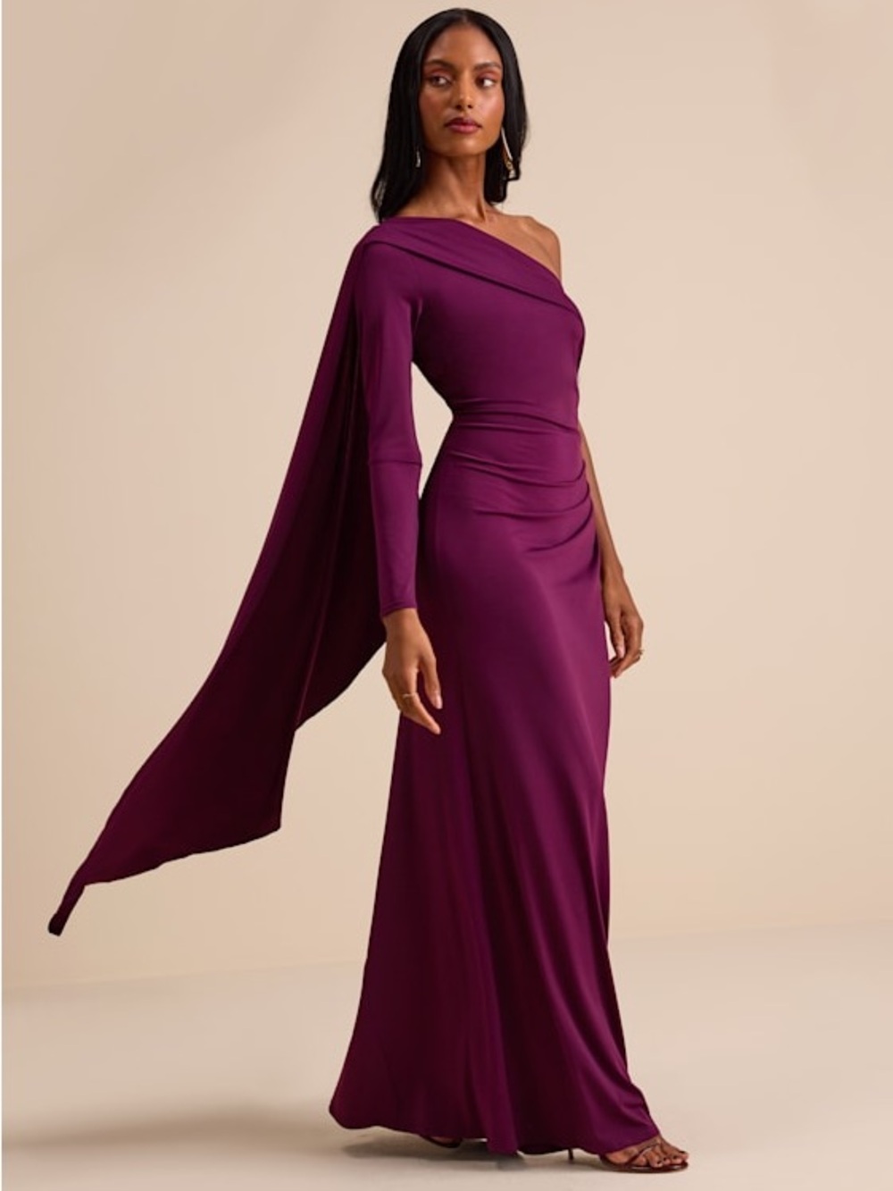 Lulu's One-Shoulder Plum Draped Evening Gown - Picture 4 of 4